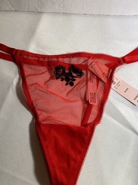 Victoria's Secret Red Sheer Thong with Black Rose Embroidery